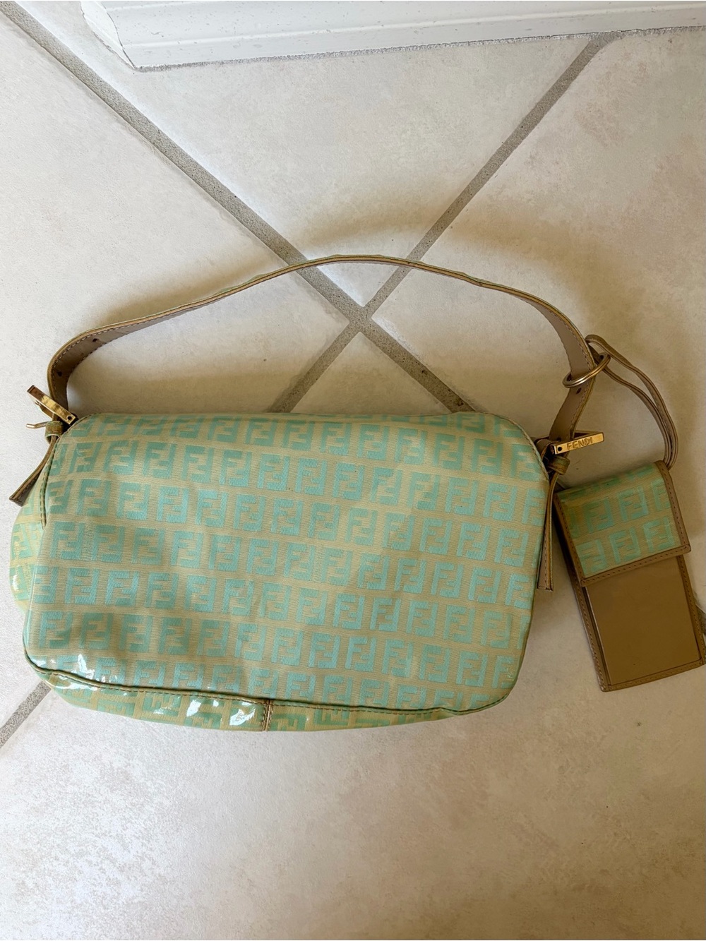 Vintage 2001 Fendi Mint Green Double Flap Zucchino Baguette with Luggage Tag - Picture 3 of 9